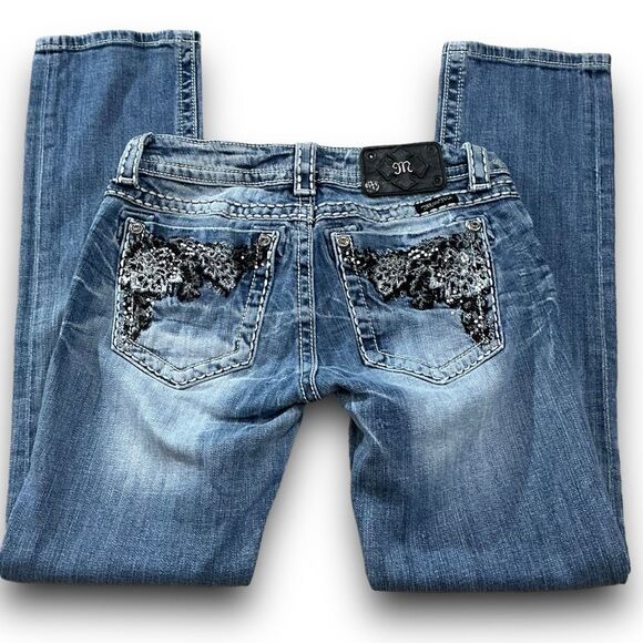 Miss Me JE5640TR Medium Wash Straight Jeans with Embroidered & Sequined Pockets - Picture 8 of 9